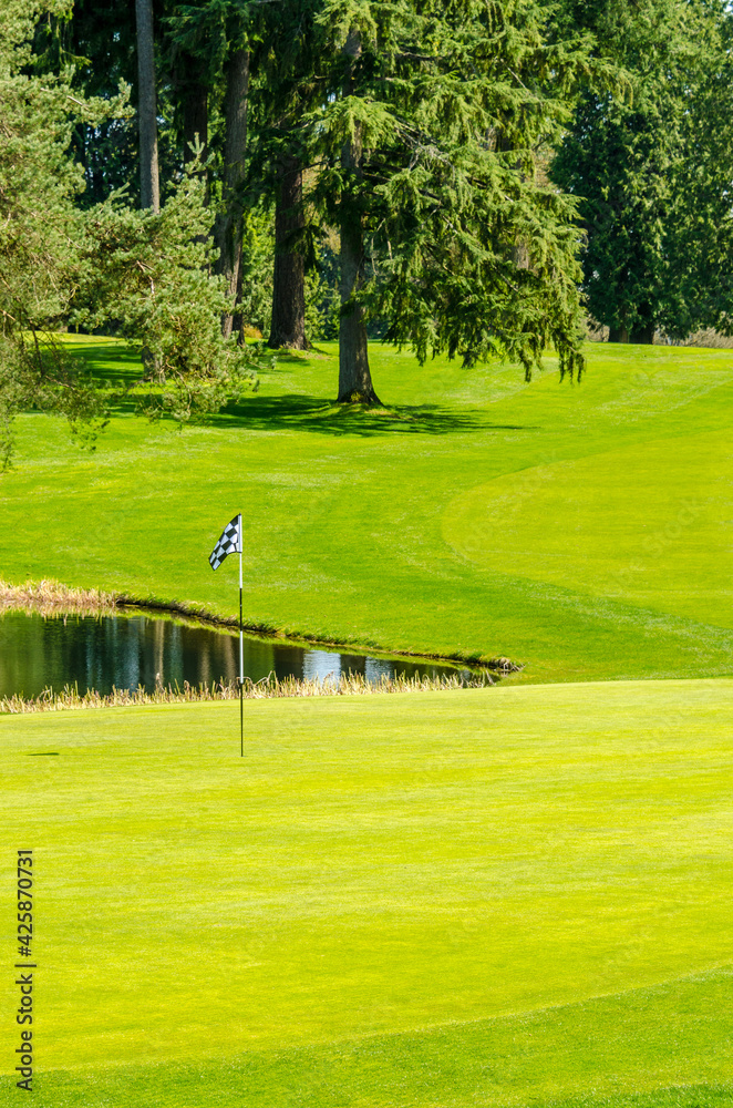 Obraz premium Golf course with gorgeous green and pond.