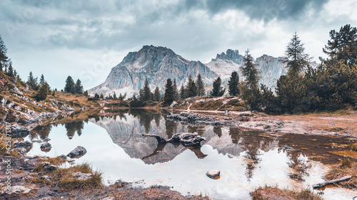 Panorama of Limides lake in the Dolomiti  photo