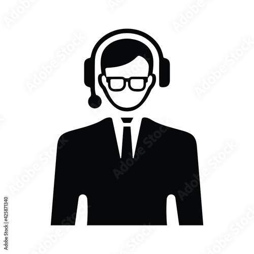 Customer support, headset, helpline operator icon. Black vector graphics.