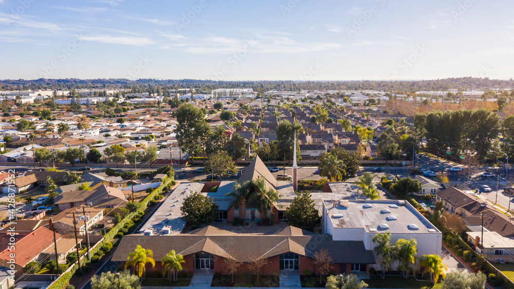 Day time aerial view of a suburban residential area in Brea, California, USA.