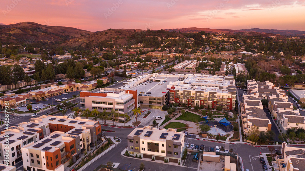 Sunset aerial view of a dense residential area in Brea, California, USA.