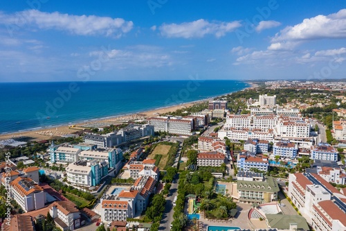 Aerial View Of The Beach On Turkish Riviera. Side, Mediterranean Sea Coast, Touristic Beach Antalya, Turkey drone photo © Chawran