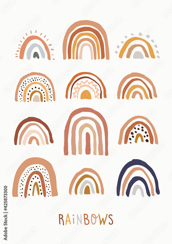 Hand Drawn Boho Rainbows. Cute Set in Pastel and Earthy Colors. Vector Isolated Elements. Scandinavian Style. Neutral Nursery Art Design for Room Decoration, Cards, Invitations, Posters. Hand Drawn Boho Rainbows. Cute Set in Pastel and Earthy Colors. Vector Isolated Elements. Scandinavian Style. Neutral Nursery Art Design for Room Decoration, Cards, Invitations, Posters.