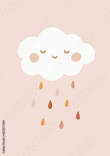 Scandinavian Style Kids Room Decoration. Hand Drawn Infantile Cute Cloud on a Pink Background. Vector Illustration Isolated. Ideal as Card, Invitation, Poster. 