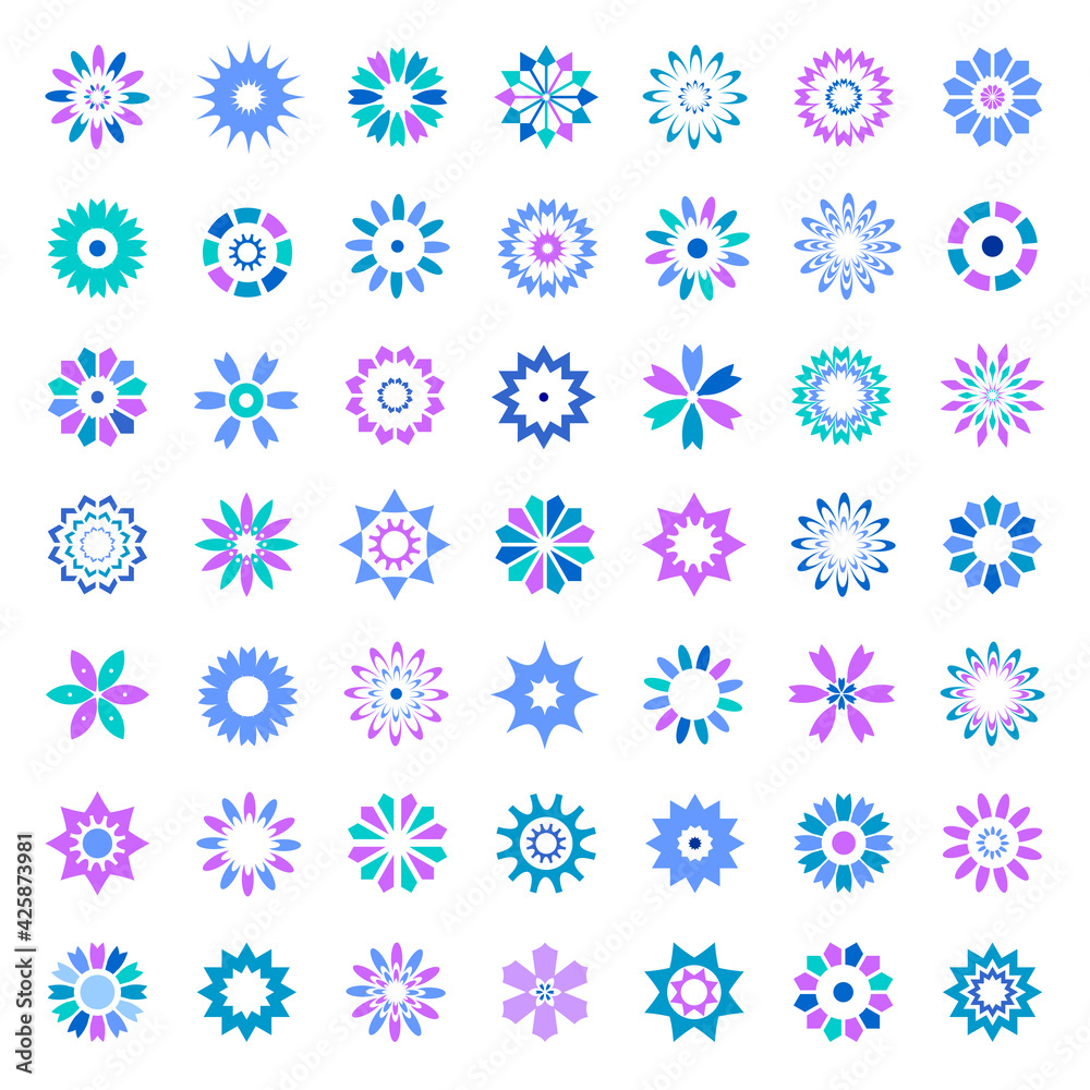 Design elements set. 49 abstract icons in flower and star shape. Design elements set. 49 abstract icons in flower and star shape.