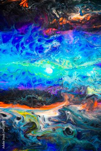 Colorful background. Creative background with handmade abstract acrylic surface paints. Cover up various paints. Outer space concept in fluid art style. © Павел Страхов