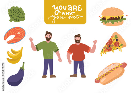 Funny Cartoon Male Characters set - Eating junk food andeating healthy food. Healthy and Unhealthy Lifestyle. Fat and slim men. Vector flat cartoon Illustration