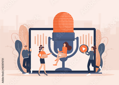 Live webcast in flat style with people. Listen to podcast. Flat illustration. Vector illustration.