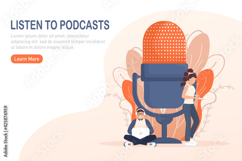 Live webcast in flat style with people. Listen to podcast. Flat illustration. Vector illustration.