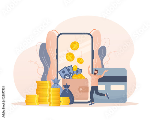 Mobile payment people. Flat isometric vector illustration. Qr code, mobile device. Bank online. Vector illustration design.