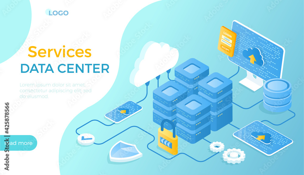 Data Center Cloud Services. Information processing, hosting, provider, storage, networking, management, distribution of data. Server racks, database, cloud. Isometric vector illustration for website.