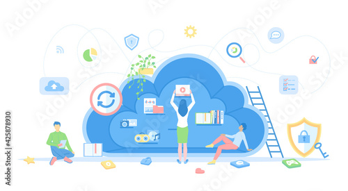 Cloud Storage. Cloud computing, network hosting, online services. People place their data, music, photo, video in big cloud server. Vector illustration flat style.