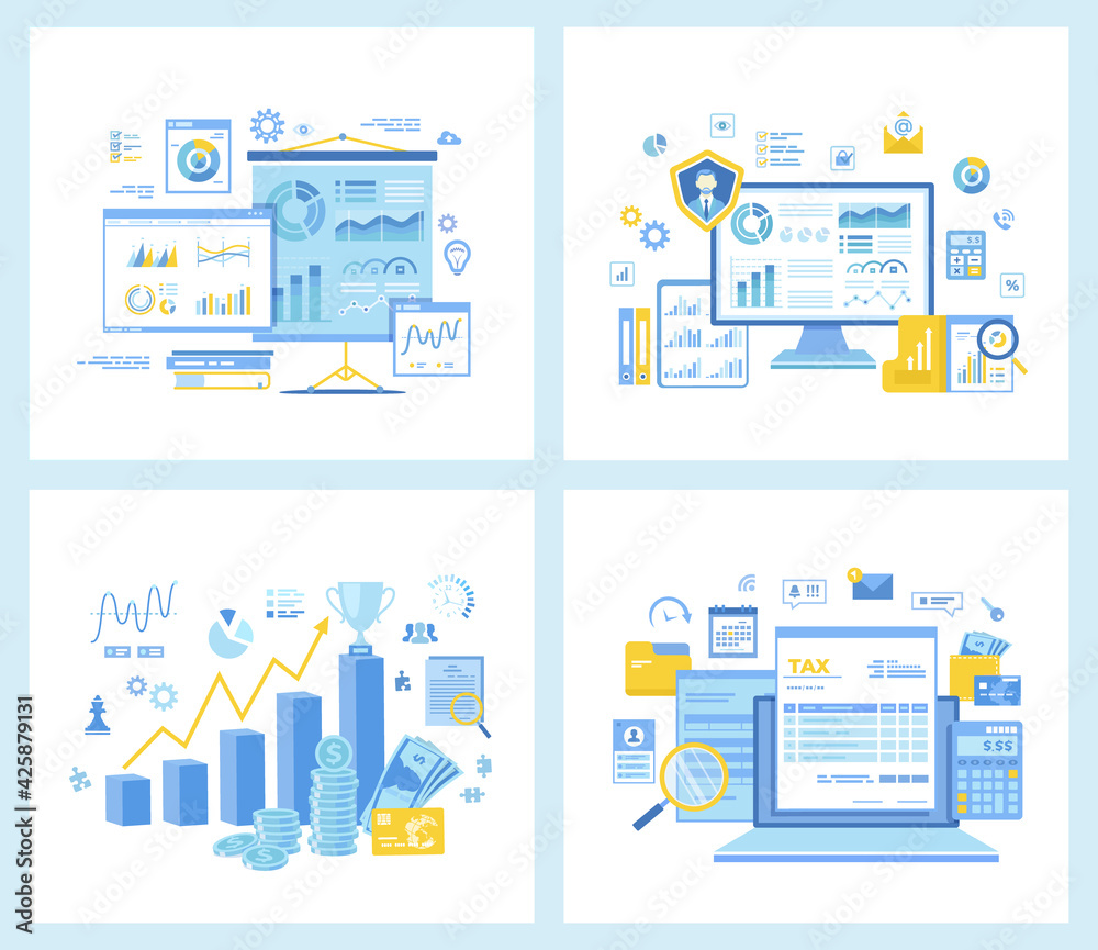 Set of  flat vector illustrations for Business Statistics, Data Reporting, Investment, Financial Success. Tax payment, calculation, accounting. Concept for websites.