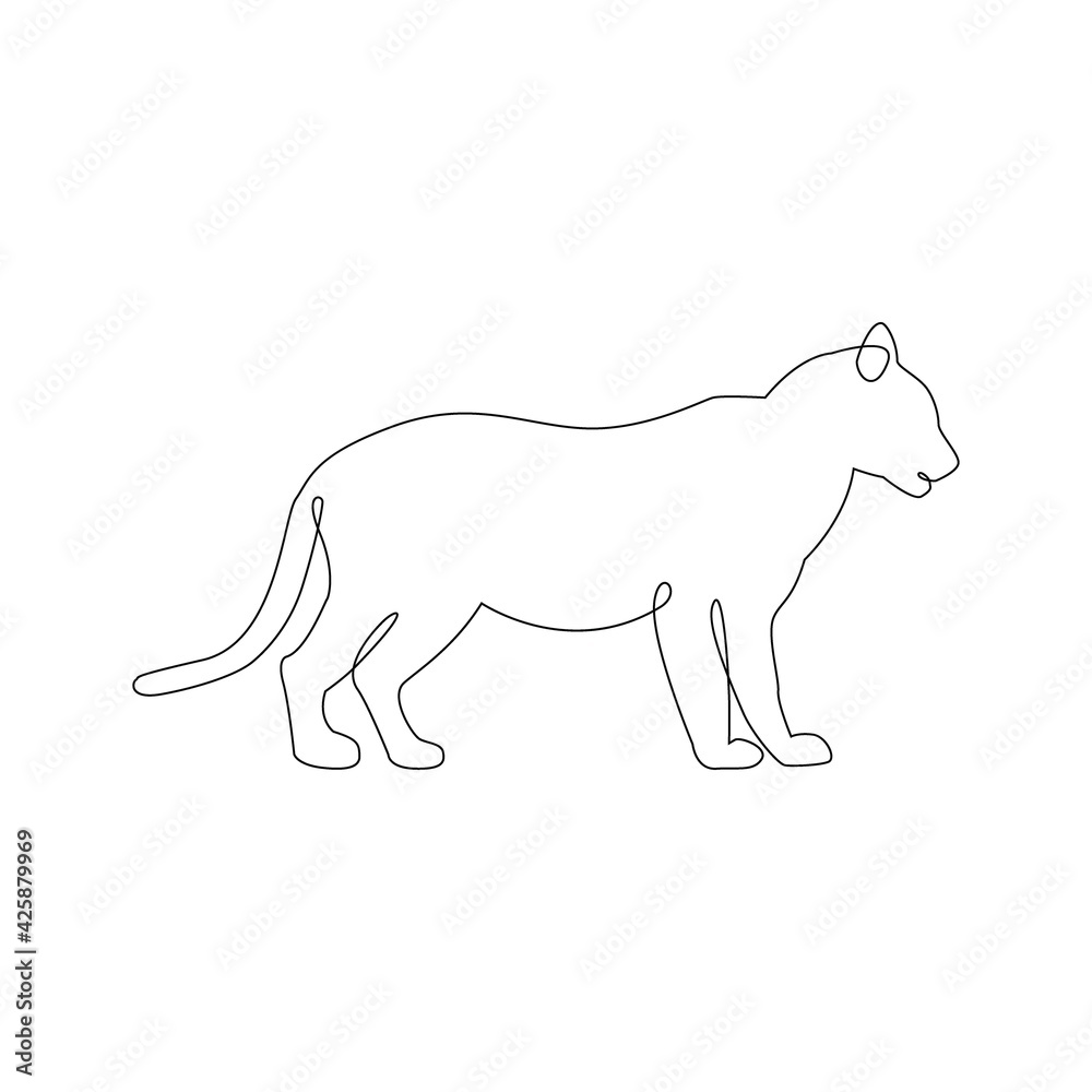 Minimalistic One Line Tiger or Lionless Icon on side view. Line drawing animal tattoo. Tiger one line hand drawing continuous Vector Illustration. Free single line drawing of lioness, jaguar or tiger Minimalistic One Line Tiger or Lionless Icon on side view. Line drawing animal tattoo. Tiger one line hand drawing continuous Vector Illustration. Free single line drawing of lioness, jaguar or tiger