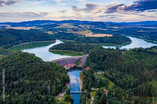 Aerial view of the lake dam. Pilchowice village on Lower Silesia. Poland.