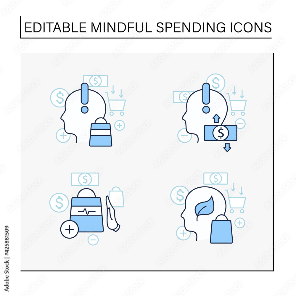 Mindful spendings line icons set. Not impulsive shopping, green thinking, conscious consumption. Shopaholism, sales, green thinking.Buying fewer concepts. Isolated vector illustrations.Editable stroke