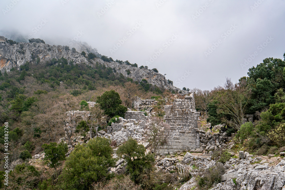 Scenic view of Termessos, which  was a Pisidian city built at an altitude of more than 1000 metres at the south-west side of the mountain Solymos (Güllük Dağı) in the Taurus Mountains, Antalya Turkey
