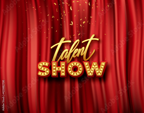Fotografie, Obraz Vector Talent show banner, poster, gold inscription on red curtain, advertising