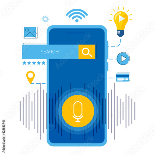 Voice service optimization on your smartphone. Concept of a search application. Image search, video search, shopping, etc.