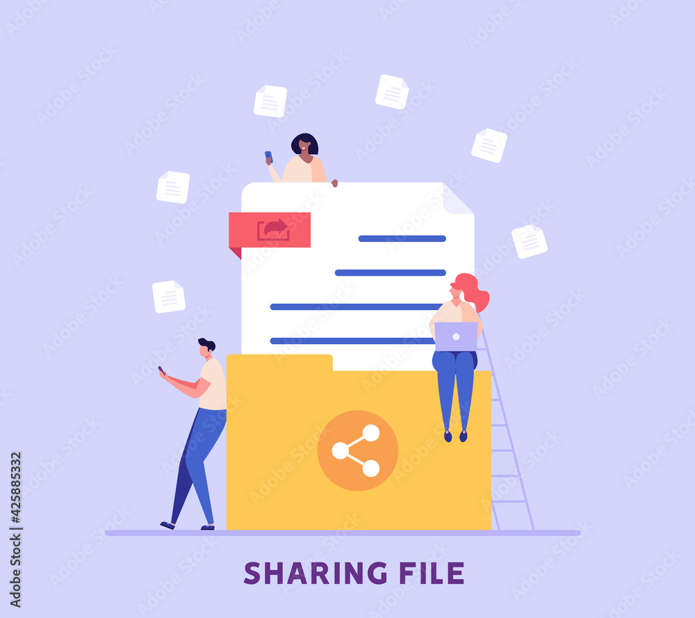 People send files for business. Concept of sharing file, data transfer, transfer of documentation, cloud service, file management, electronic document management. Vector illustration in flat design