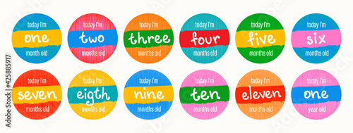 Set of vector lettering stickers today I'm 1, 2, 3, 4, 5, 6, 7, 8, 9, 10, 11, 12 months old. Happy birthday greeting card for baby under one year old. Colored handwritten illustrations. photo