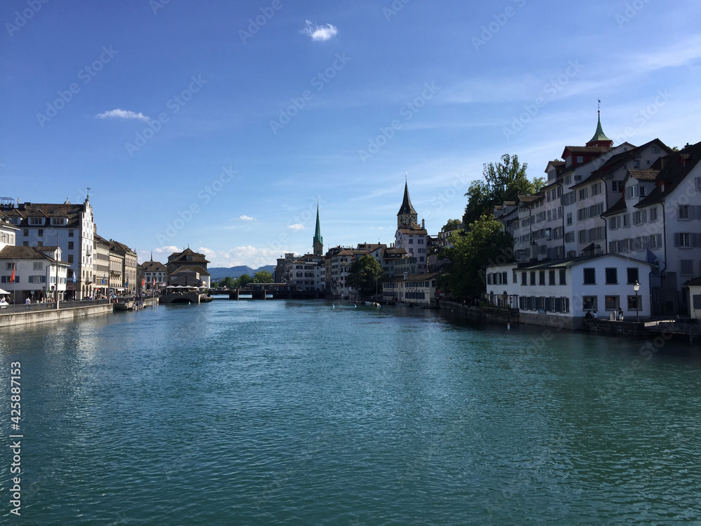 Buildings of the historical district Schipfe, on the banks of the Limmat River,  in the city of Zurich. The Schipfe is one of the oldest parts of the city of Zurich, the largest city in Switzerland