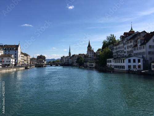 Buildings of the historical district Schipfe, on the banks of the Limmat River, in the city of Zurich. The Schipfe is one of the oldest parts of the city of Zurich, the largest city in Switzerland