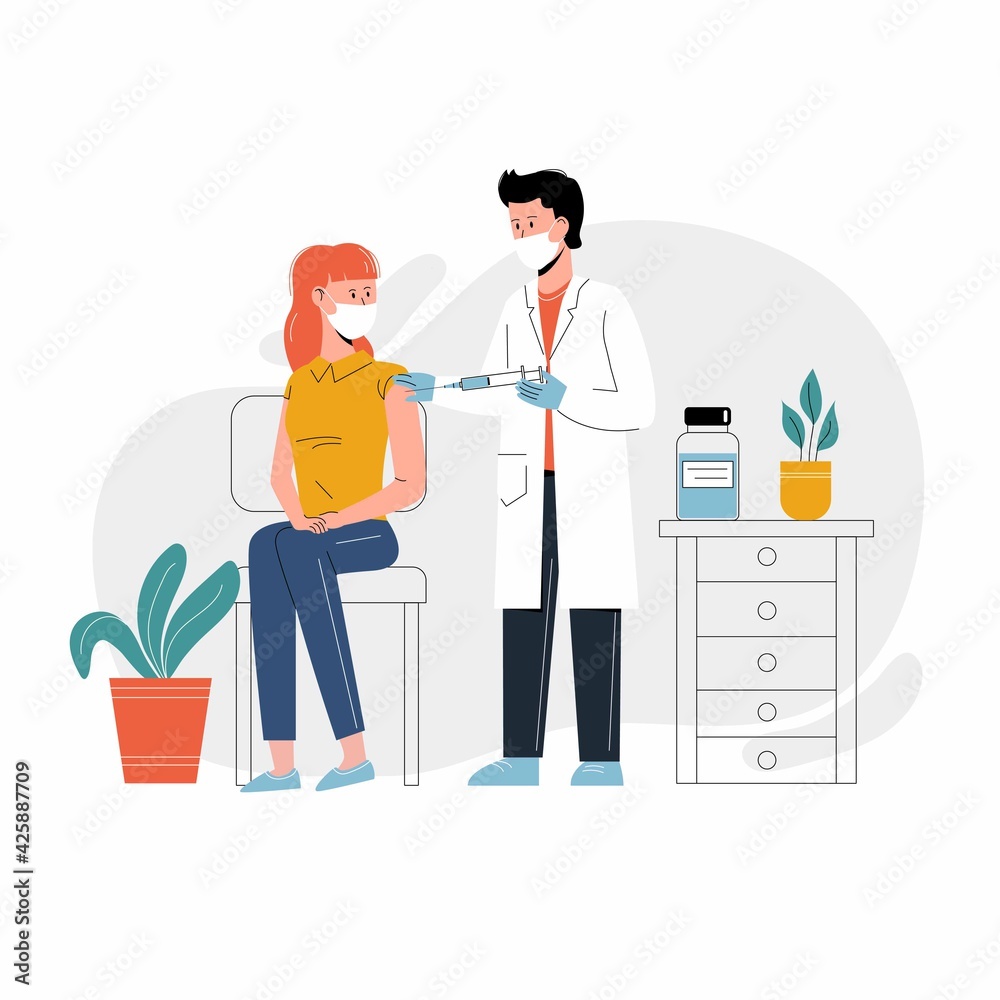 COVID-19 Vaccine injection vector illustration. A doctor injects a coronavirus vaccine to a patient. COVID-19 Vaccine injection vector illustration. A doctor injects a coronavirus vaccine to a patient.