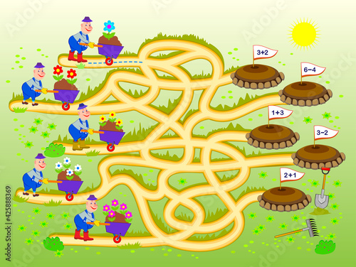 Math education for children. Logic puzzle game with maze for kids. Solve examples and help the gardeners find the paths to the flower beds. Play online. Developing counting skills. Draw the ways.