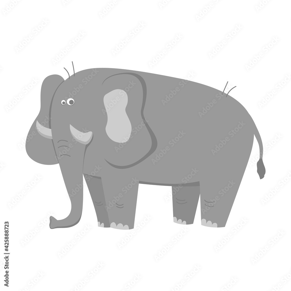 Funny gray African elephant in cartoon style. Vector childrens illustration.