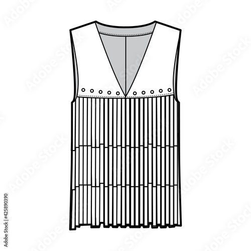 Hippie vest waistcoat technical fashion illustration with fringe, sleeveless, V-neckline, rivets, oversized body. Flat apparel template front, white color style. Women, men, unisex top CAD mockup