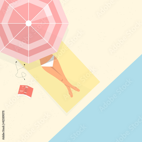 woman on the beach, under the sunshade, with the book and earphones, vector illustration