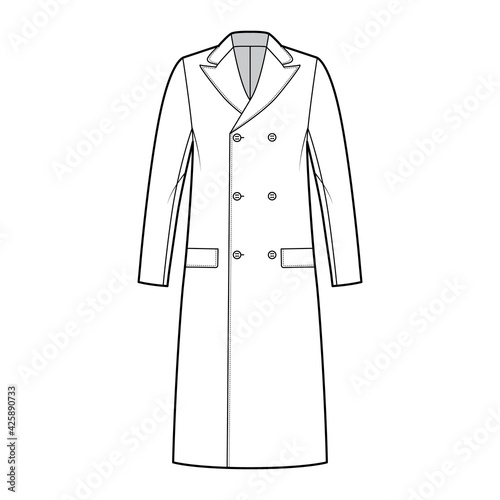 Ulsterette coat technical fashion illustration with double breasted, knee length, round collar peak, flap pockets. Flat jacket template front, white color style. Women, men, unisex top CAD mockup