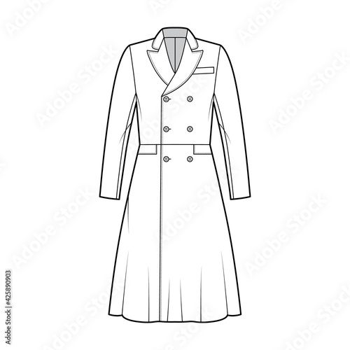Frock coat technical fashion illustration with double breasted, fitted body, long sleeves, round collar peak, knee length, A-line skirt. Flat jacket template front, white color style. Women, men, CAD
