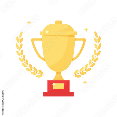 Golden trophy cup and laurel wreath, vector sport award, champion icon isolated on white background. Winner illustration