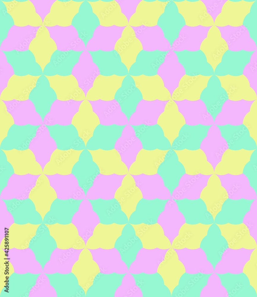 Seamless pastel pattern. Template for fabric. Stylish background for cards. Abstract decor. Textile design. Fashionable color combinations. Spring colors. Trends. Pink. Light green. Yellow. 