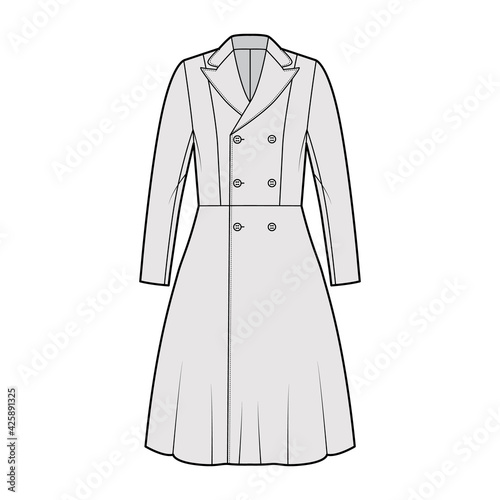 Redingote coat technical fashion illustration with double breasted, fitted, long sleeves, peak lapel collar, knee length. Flat jacket template front, grey color style. Women, men unisex top CAD mockup