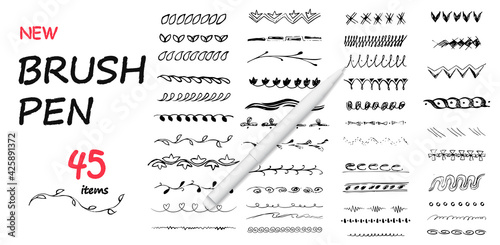 Set of hand drawn line borders, sketch strokes, scribbles and design elements isolated on white. Ink pen drawing lines, underline brush and pencil strokes brushes. Vector illustration