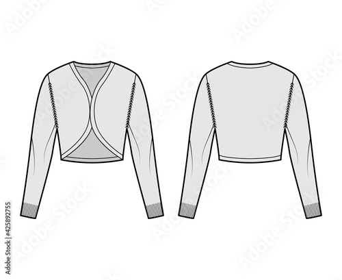 Shrug bolero cardigan technical fashion illustration with V- neck, long sleeves, slim fit, crop length, knit rib trim. Flat Sweater apparel front, back, grey color style. Women, men unisex CAD mockup