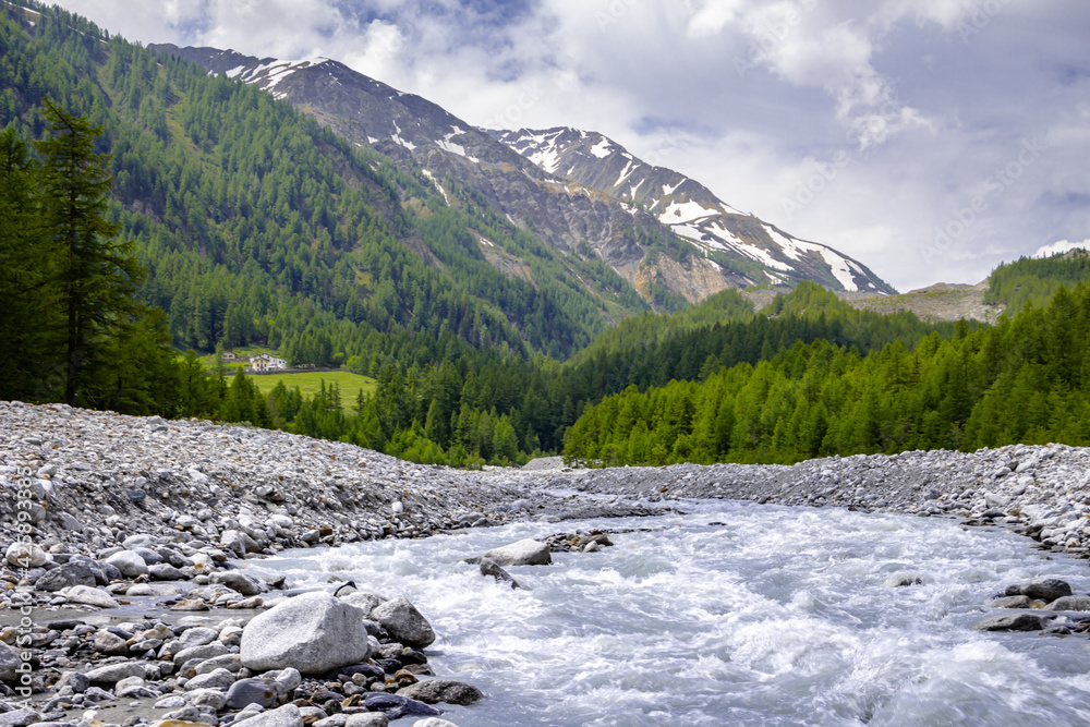 fiume che scorre in Val Veny. Italia