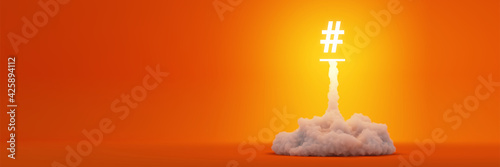 Hashtag rocket launch and explosion, business and technology concepts, original 3d rendering
