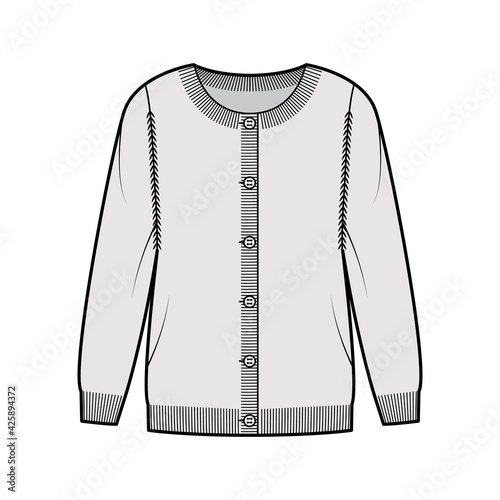 Round neck cardigan technical fashion illustration with button closure, long sleeves, oversized, hip length, knit rib trim. Flat Sweater apparel front, grey color style. Women, men unisex CAD mockup