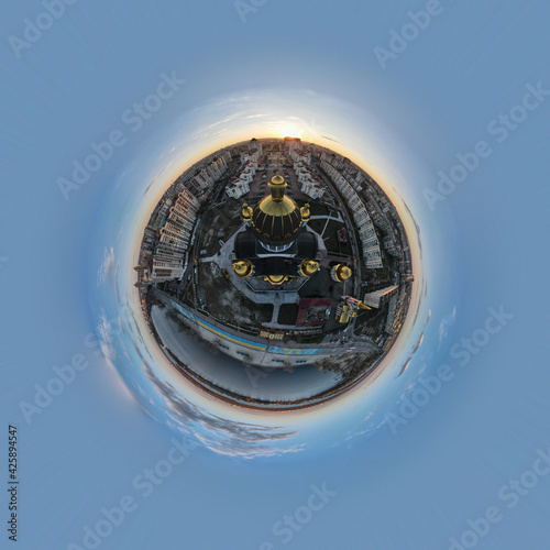 Wallpaper Mural Aerial panoramic view from a drone to the sunset over the city of Kyiv on Obolonskaya embankment Torontodigital.ca