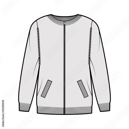 Zip-up cardigan Sweater technical fashion illustration with rib crew neck, long sleeves, oversized, knit trim, pockets. Flat jumper apparel front, grey color style. Women, men unisex CAD mockup