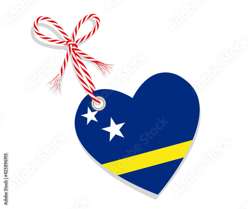 Fahne als Herz  „I Love Curaçao“ mit Kordel-Schleife,
Vektor Illustration isoliert auf weißem Hintergrund
