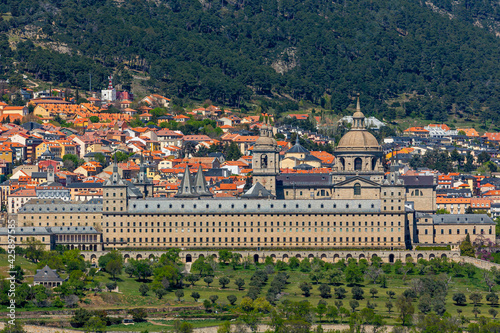 El Escorial, Spain- March 17, 2021: Panoramic view from the chair of Felipe II of the Monastery of El Escorial. Spanish Royal Palace. National Heritage. Culture of the Spanish royalty.
