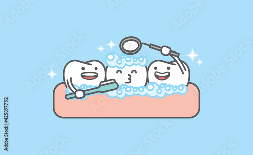 Dental cartoon of white teeth cleaning by brushing with toothbrush and checkup with dental mirror illustration cartoon character vector design on blue background. Dental care concept.