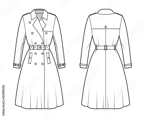 Full Trench coat technical fashion illustration with belt, napoleon wide lapel collar, knee length, storm flap. Flat jacket template front, back, white color style. Women, men, unisex top CAD mockup