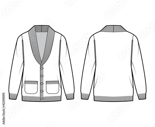 Cardigan Shawl collar Sweater technical fashion illustration with long sleeves, oversized, hip length, knit rib trim, button closure. Flat apparel front, back, white color style. Women, men CAD mockup