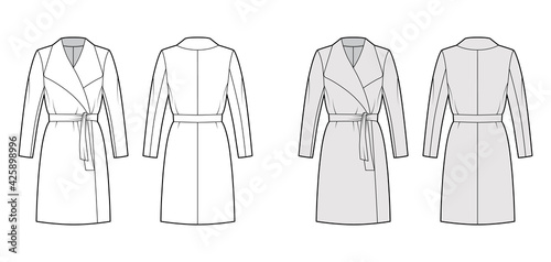 Wrap coat technical fashion illustration with tie, long sleeves, shawl lapel collar, oversized body, knee length. Flat jacket template front, back, white, grey color style. Women, men, unisex top CAD